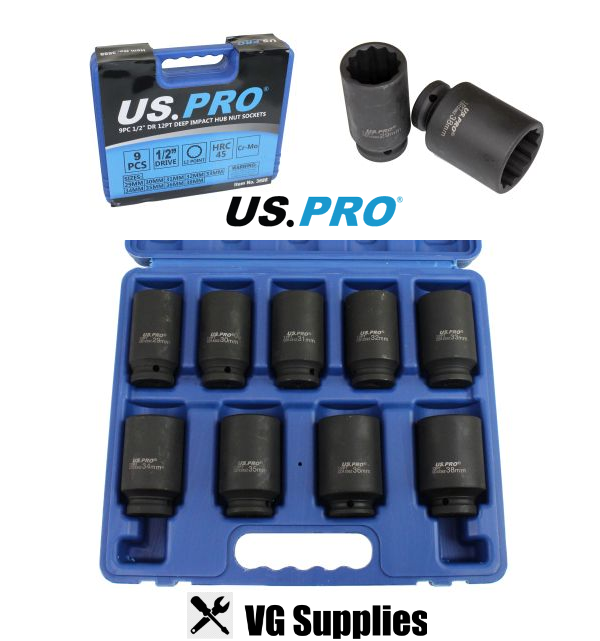 US PRO 9PC 1/2" DR 12PT DEEP IMPACT HUB NUT SOCKETS  3688