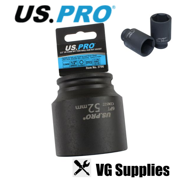 US PRO SINGLE 1/2" DR 52MM 6PT THIN WALL HUB NUT SOCKET 3796